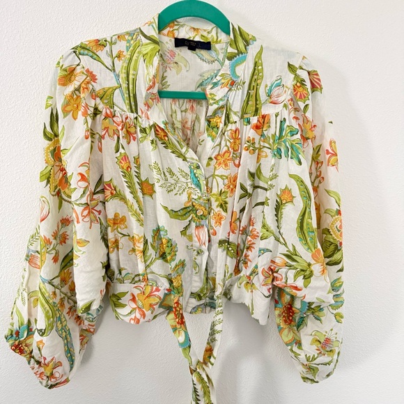 RACHEL Rachel Roy Tops - RACHEL Rachel Roy Tropical Floral Linen Blend Tie Front Blouse Puff Sleeve L
